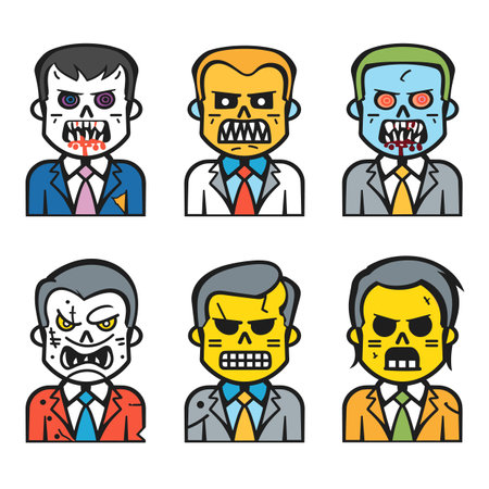 Six cartoon portraits showing zombie faces, different expressions clothing. Characters include animated zombies diverse mix business suits vibrant colors facial expressions. Set zombie avatars usedのイラスト素材