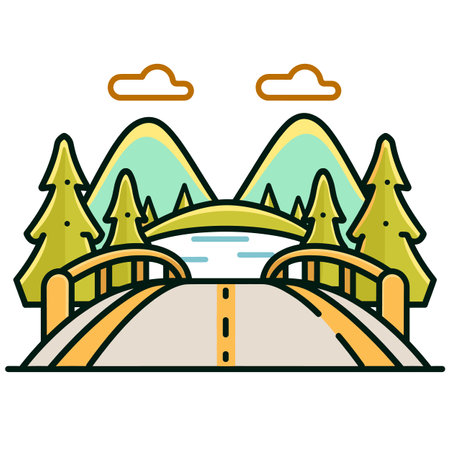 Scenic illustration featuring road bridge surrounded pine trees mountains river clouds isolated white background. Vibrant nature landscape cartoon style outdoor travel sunset serene summertimeのイラスト素材