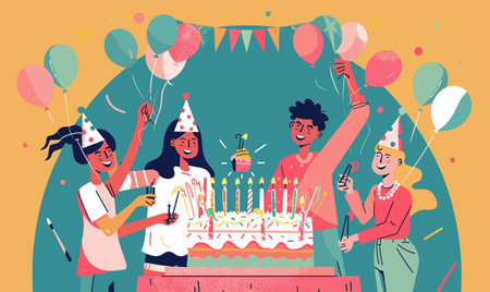 Group young adults birthday celebration colorful party. Friends diverse ethnicities wearing party hats lighting candles large cake. Happy atmosphere, decorations, balloons, cheerful expressionsのイラスト素材