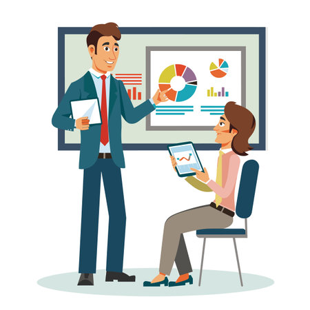 Presentation businesspeople discussing analytics reports flat characters pie charts meeting room business development. Businessman standing suit red tie explaining data visualization screenのイラスト素材