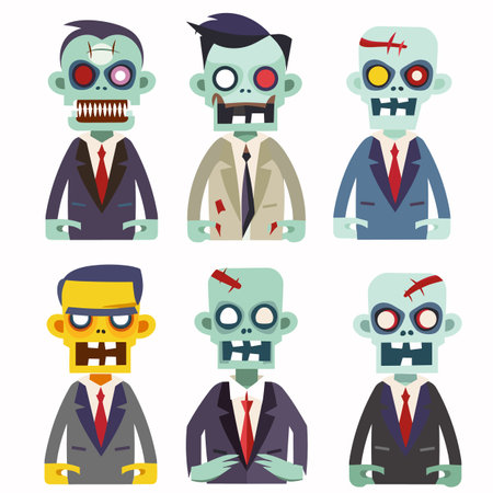 Six cartoon zombies dressed business suits, unique expressions. Colorful illustration showing quirky zombie businessmen isolated white background. Zombies wearing suits, bandages eye patchesのイラスト素材