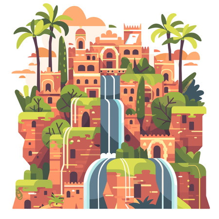 Colorful vector illustration fantasy landscape cascading waterfalls exotic architecture resembling ancient city among cliffs. Lush greenery, palm trees, stylized buildings give artwork whimsicalのイラスト素材