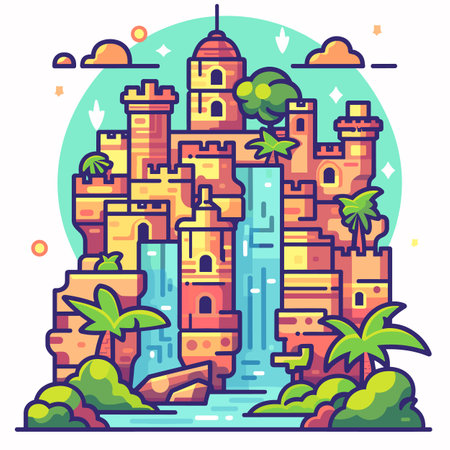 Colorful fantasy castle illustration waterfall, vibrant tones, geometric style. Stylized fort palm trees, towers, vibrant backdrop, dreamlike scene. Animated fortress graphic, tropical settingのイラスト素材