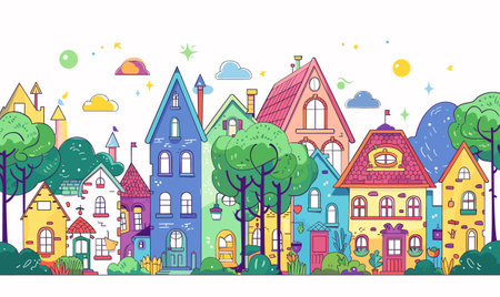 Colorful cartoon houses trees vibrant neighborhood whimsical architecture. Brightly colored homes different styles cute design sunny day. Cheerful suburb line art bushes clouds playful townのイラスト素材