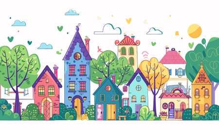 Colorful neighborhood quirky cartoonstyle houses lush green trees. Sun shining brightly over whimsical village, clouds hearts sky. Vibrant town illustration, playful architecture nature harmonyのイラスト素材