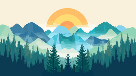 Geometric landscape mountains pine trees sunrise. Tranquil nature scenery sunrise over mountain range. Contemporary art mountain pine forest morning sunのイラスト素材