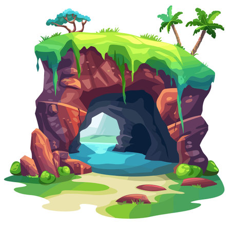 Colorful tropical cave illustration water inside lush greenery surrounded rocks. Palm trees exotic blue tree landscape vector graphic style isolated. Cartoon game cave environment oasis water sourceのイラスト素材