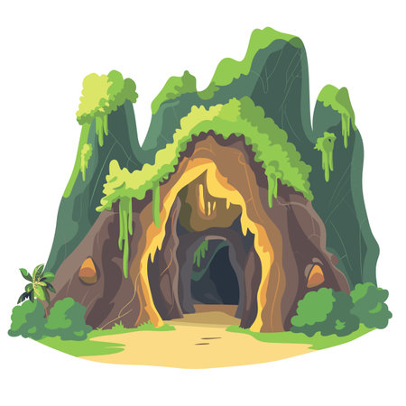Large cave entrance nestled green mountain, lush vegetation around, mysterious dark interior hints adventure. Tropical cave hanging vines, inviting explorers, hidden dense jungle landscape. Brightのイラスト素材