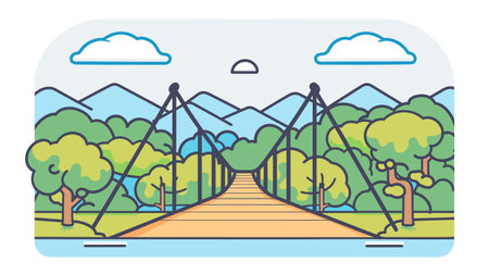 Suspension bridge leading through lush forest, mountain background under sunny sky. Simplistic line art style capture peaceful river crossing, nature scene. Cartoon drawing features woodenのイラスト素材