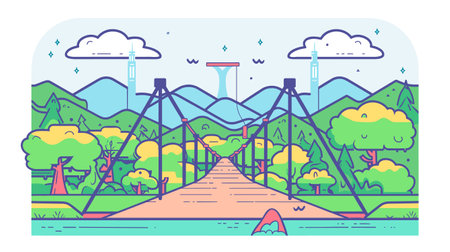 Suspension bridge leading mountains, colorful landscape. Suspension bridge, river, trees vibrant colors, serene nature scene. Cartoon style, bridge mountain backdropのイラスト素材