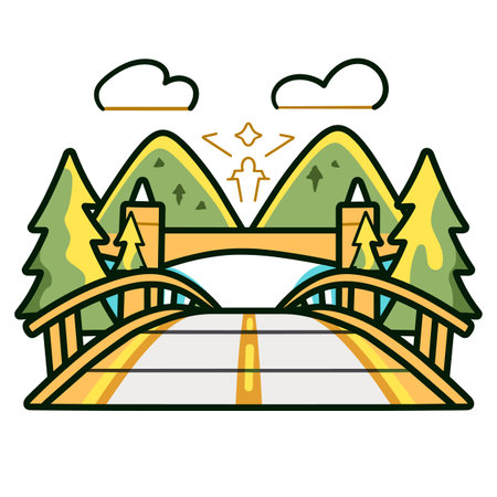 Cartoon bridge framed mountains, trees, under blue sky clouds, stars above peaks. Colorful stylized nature scene, green mountains, yellow bridge, pine trees, daytime outdoor. Flat design bridgeのイラスト素材