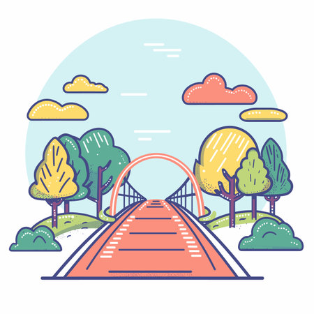 Colorful landscape vector illustration, serene outdoor scene road leading over bridge trees clouds. Pastel daytime countryside road trip cartoon artwork, tranquil nature environment bridge. Graphicのイラスト素材
