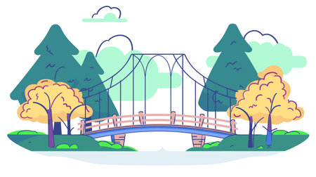Suspension bridge illustration surrounded trees clouds. Stylized cartoon graphic bridge, outdoor scenery, peaceful park. Trees, bridge, nature graphics, vibrant colors, flat design styleのイラスト素材