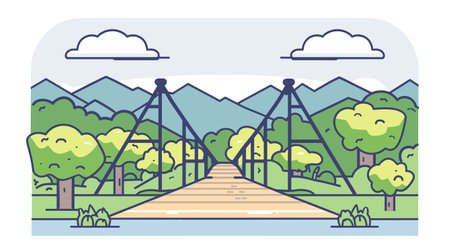 Suspension bridge across river, mountain landscape, blue sky, cartoon style. Flat design vector bridge connecting riverbanks, green trees, tranquil environment. Colorful illustration outdoorのイラスト素材