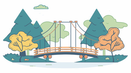 Suspension bridge surrounded colorful trees, stylized nature park scene. Wooden bridge connecting two riverbanks, cartoon forest landscape, tranquil outdoor illustration. Pastel colorsのイラスト素材