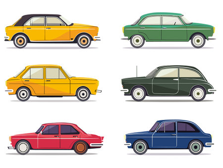 Vintage cars collection colorful classic design side view set. Classic car profiles yellow, green, red, blue automobiles isolated white background. Retro vehicles concept illustration differentのイラスト素材