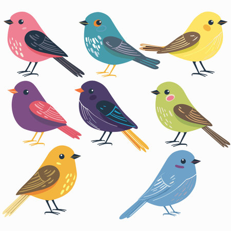Colorful cartoon birds illustrated various poses, bird features different vibrant color pattern. Artistic representation avian wildlife playful, cute styleのイラスト素材