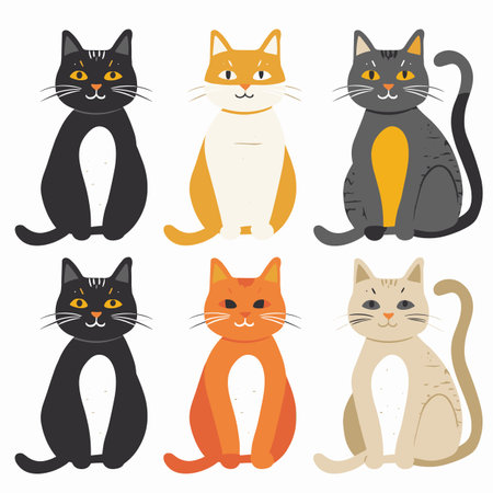 Six cute cartoon cats sitting, various colors patterns. Feline friends illustration, different coat designs, playful pet theme. Simple stylized cat characters, charming animal collection graphicのイラスト素材