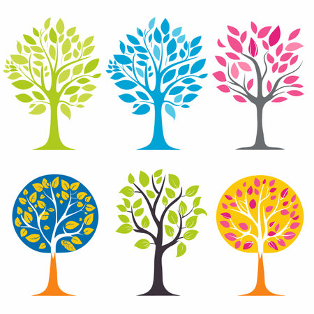 Six stylized trees vibrant colors seasonal change concept. Simple tree illustrations green blue pink leaves circular shapes design. Graphic trees different colors representing seasons ecology themeのイラスト素材