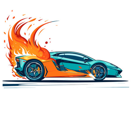 Turquoise sports car blazing fast speed flames trailing rear engine. Dynamic fire motion effect luxury vehicle intense race. Highperformance automobile fiery turbo boost concept illustrationのイラスト素材