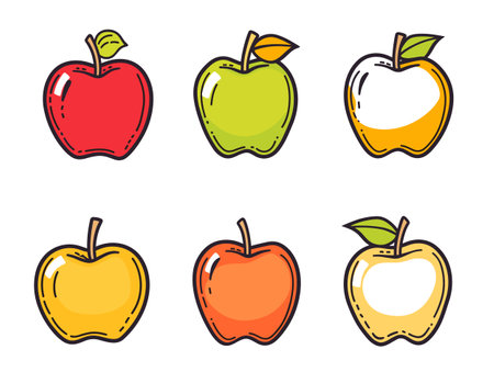 Six colorful apples, handdrawn cartoon style, fruit illustration. Various apple colors reflect diversity, healthy food concept, isolated white background. Bright primary color apples, leaf detailのイラスト素材