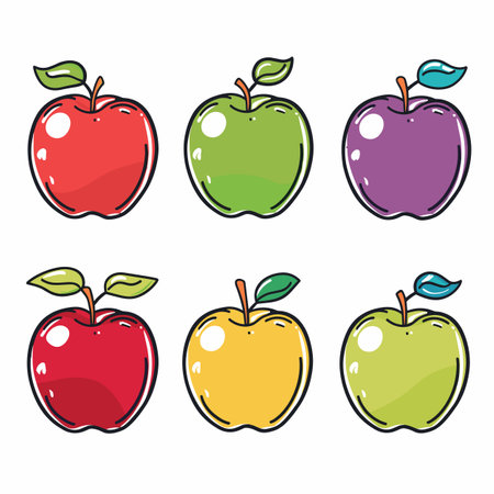 Six colorful apples, red, green, purple, yellow, vector illustration style. Cartoon apples, vibrant colors, leaf detail, white background. Stylized fruit, healthy food theme isolated graphicのイラスト素材