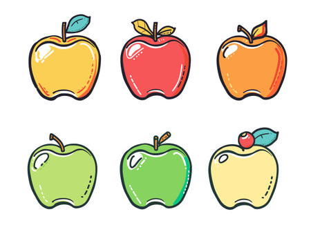 Six colorful cartoon apples, assorted colors styles, handdrawn fruit illustrations isolated white background. Doodle apples, red, green, yellow variants, one small apple top, playful designsのイラスト素材