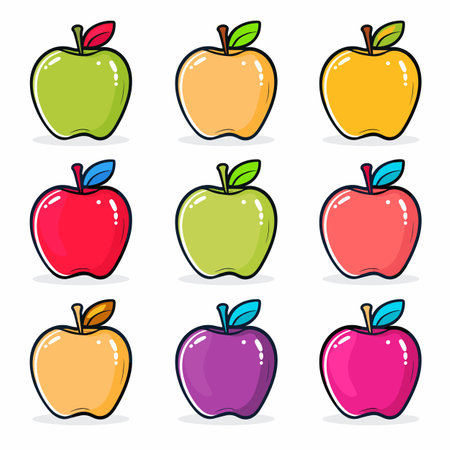 Collection colorful apples, cartoon style, healthy fruit theme, green, yellow, red, purple apples, handdrawn. Cute apple illustrations children, educational material, colorful simple fruit designsのイラスト素材