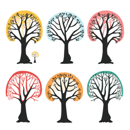 Stylized trees seasons change artistic representation. Colored leaves arrange depict spring, summer, autumn, winter cycles. Six trees demonstrating seasonal variations, isolated white backgroundのイラスト素材