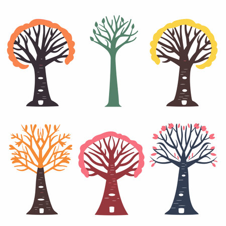 Six stylized trees distinct designs, colors vary green pink, tree represents different seasons life stages, leafless full bloom. Artistic representation natures cycle, ideal educational materialのイラスト素材