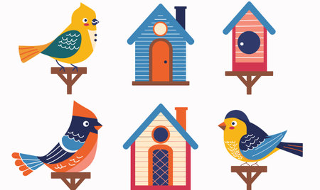 Colorful illustrated birds perched birdhouses. Artistic design depicts common backyard birds, birdhouses, cute ornithology theme. Cartoonstyle colorful birds houses, ornithologyfriendly imageのイラスト素材