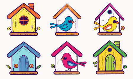 Cartoon birds colorful birdhouses nature cute home. Brightly colored vector illustration birds whimsical houses. Simple cheerful drawing suitable childrens book, garden themeのイラスト素材