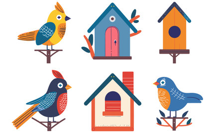 Colorful birds perched near matching birdhouses graphical style, birdhouse features unique design, color scheme, shape, illustration uses vibrant palette set against isolated white backgroundのイラスト素材