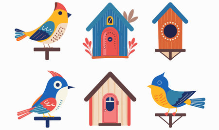 Colorful cartoon birds perched various birdhouses. Creative flat design graphics naturethemed projects. Ideal garden wildlife enthusiastsのイラスト素材