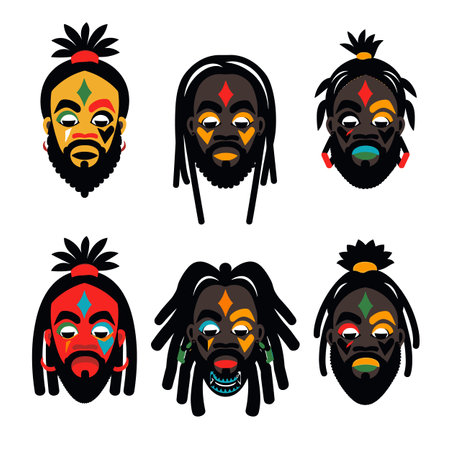 Six tribal masks African ethnicity stylized vector graphics isolated white background. Masks feature colorful face paint symbolic elements dreadlocks facial decorations. Cultural representationのイラスト素材