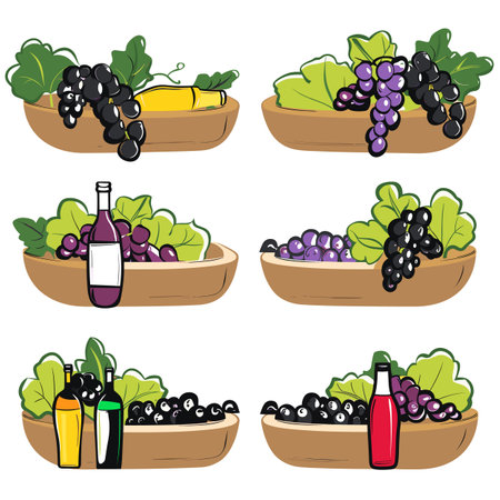 Collection six colorful grape bunch illustrations, varieties, wine bottle, olive oil bottles, leaves. Fresh grapes wooden bowls, depicting different grapevine products. Graphic wine kitchen conceptのイラスト素材