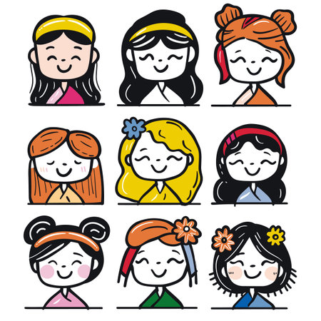 Nine cartoon girls smiling, different hairstyles, headbands, flowers. Characters exhibit diversity, happiness, simplified facial features. Cute, childlike, colorful accents simplistic designのイラスト素材