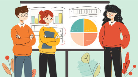 Young professionals team collaboration presentation data analysis. Diverse coworkers discuss business development strategy office. Three employees sharing ideas confident teamwork meetingのイラスト素材
