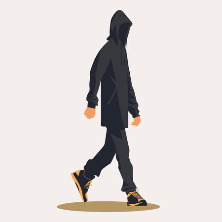 Young male walking hoodie black sportswear illustration. Isolated white background. Moody silhouette outfit. Young man wearing black hoodie walking graphic, attireのイラスト素材