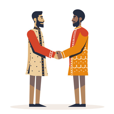 Two men handshake, traditional clothing, Middle Eastern attire, friendly interaction, emphasize cultural connect. Bearded men, mutual respect, ceremonial garments, orange beige robes, isolatedのイラスト素材