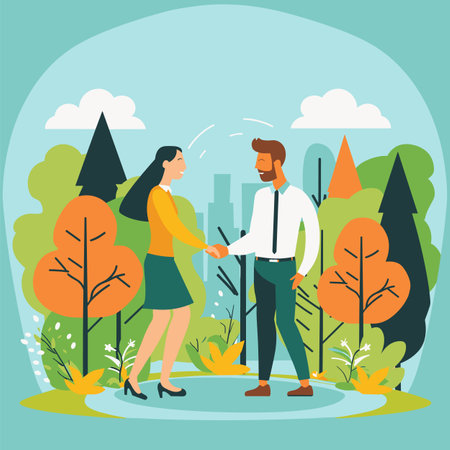 Man woman shaking hands park colorful autumn trees business attire smiling conversation illustration outdoors daylight handshake colleagues standing public space nature flat design isolatedのイラスト素材