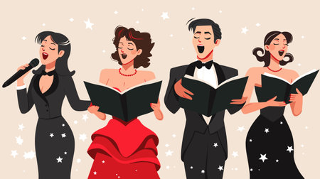Four singers performing classical music concert. Two women singers elegant black dress singing into microphone, holding music book. Male female formal attire singing choral music, holding open sheetのイラスト素材