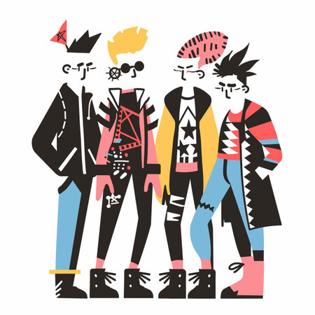 Diverse group young adults dressed punk rock clothing standing together isolated white background. Characters colorful eccentric outfits, boots, unique hairstyles alternative lifestyle illustrationのイラスト素材