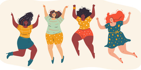 Four diverse women, different ethnicities, various vibrant outfits, happily jumping. Inclusive body positivity celebration, casual clothing, joyful emotional expression, unity empowerment conceptのイラスト素材
