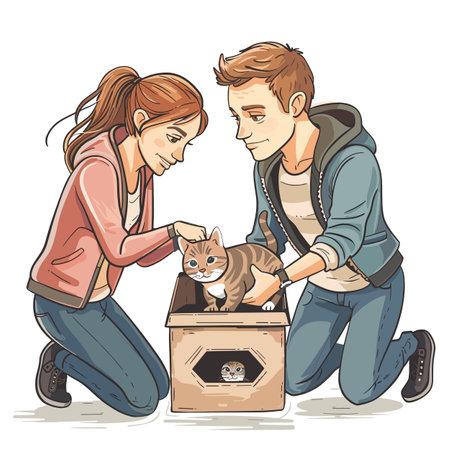 couple, young woman young man, gently lifting cat cardboard box, kneeling smiling, couple outdoors, dressed casual clothes, encompassing touching, warm moment pet, couples outfits casual, featuringのイラスト素材