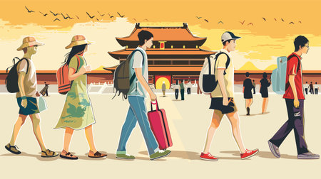 Group young tourists walking toward ancient temple enjoying visit traditional Asian city, wearing casual summer clothes, backpacks, hats, admiring cultural landmarks, interacting local surroundingsのイラスト素材