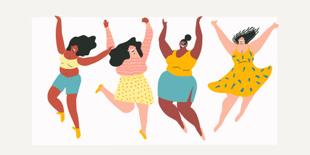 Four women different body sizes ethnicities joyfully jumping, wearing colorful summer outfits, expressing freedom happiness. Vibrant yellow, blue, pink clothing diverse patterns, celebrating bodyのイラスト素材