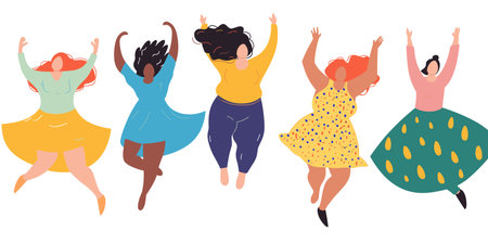 Curvy women celebration dance joyfully. Diverse plussize females smiling, colorful dresses, raising hands. Body positivity fashion design inspirationのイラスト素材