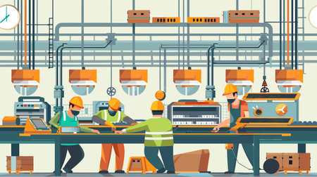 Workers wearing hard hats, safety vests, masks assembling products machines industrial environment. Engineers technicians heavy machinery factory lighting equipment packages. Team manufacturingのイラスト素材