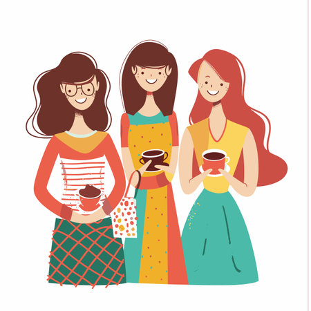 Three happy young women holding coffee cups while smiling, appear be friends enjoying casual gettogether, diverse hair colors dressed colorful outfits, suggesting casual fun styling. Three youngのイラスト素材